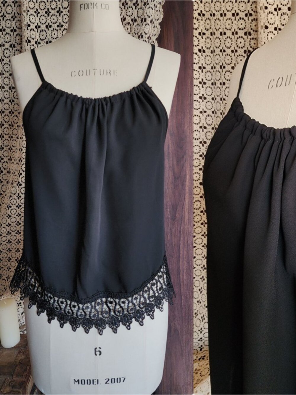 Oboe Womens Top, Whimsygoth Black Spaghetti Strap, Size Large, Lace Trim